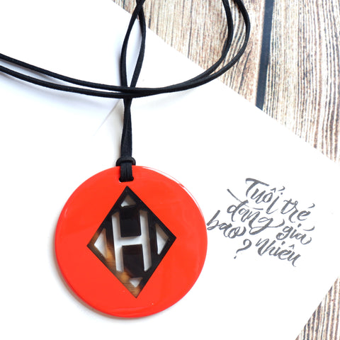 Handmade Natural Horn and Lacquer Yellow Round and Brown Rhombus Circle with H Inside