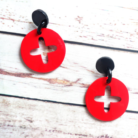 Buffalo Horn Disc Earrings Jewelry Handcraft Boho and Ethnic Earrings Round Red and Flower Middle