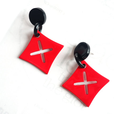 Buffalo Horn Disc Earrings Jewelry Handcraft Boho and Ethnic Earrings Rhombus Red
